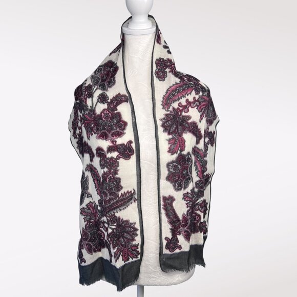 Vintage Floral Print Wool Blend Rectangle Scarf Gray Red White - Picture 1 of 7